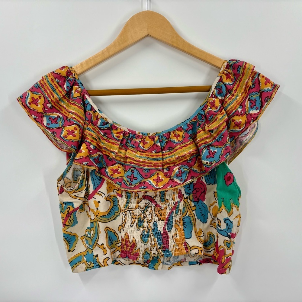 NWT Rachel Zoe Boho Floral Geometric Ruffled Flutter Shoulder Crop Top Sz M - Picture 3 of 6